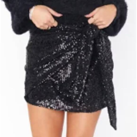 Lulus Sequin Shiny Tie Wrap Mini Skirt Black Size XS NEW - Picture 1 of 8